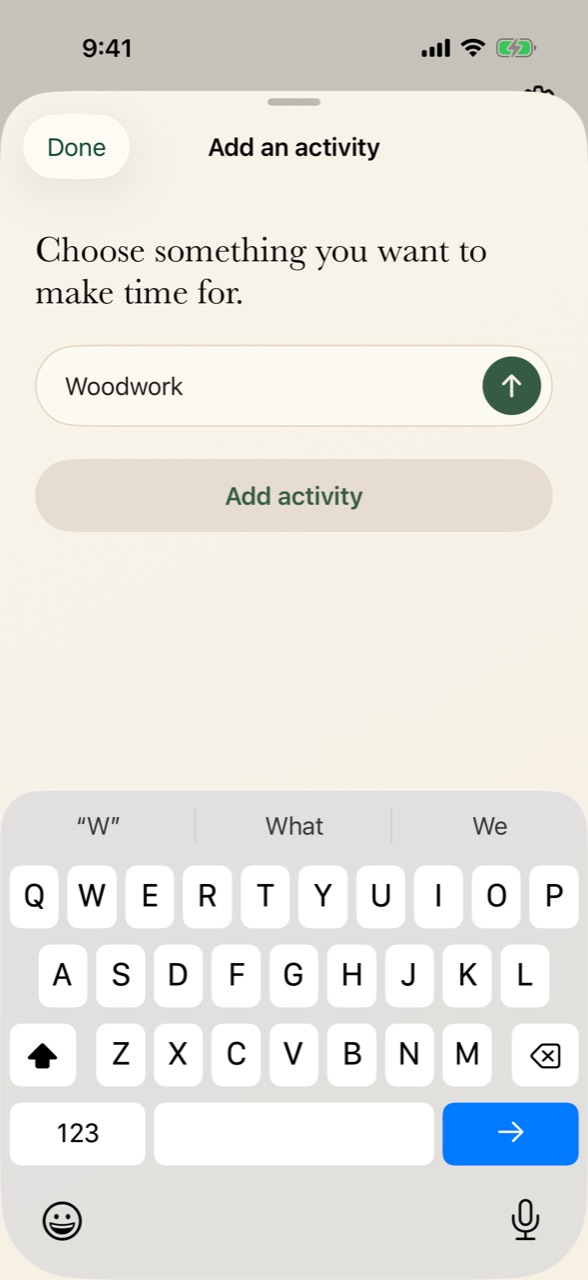 The Add an activity sheet with Woodwork typed into the field
