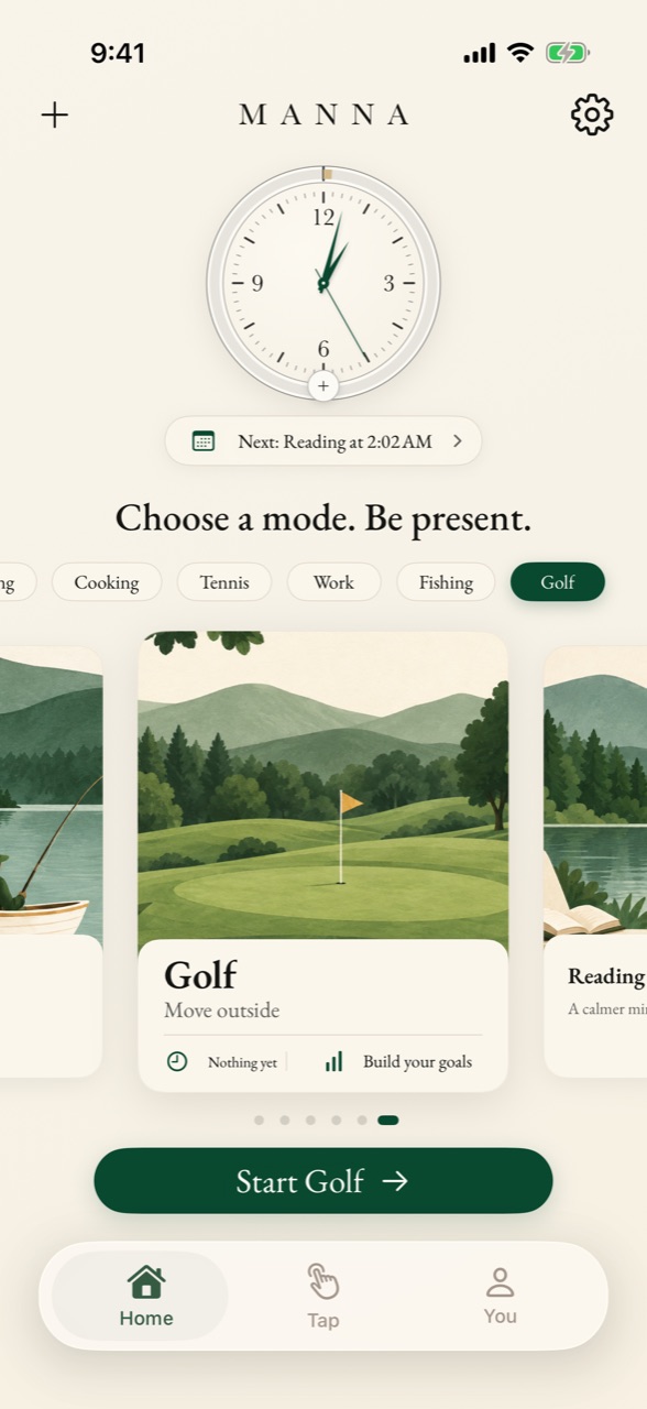 Manna's Home screen: a week clock, mode chips, and the Golf mode's painting with a Start Golf button