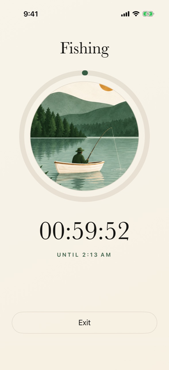 The in-mode screen: the mode's painting inside a progress ring, a countdown, and an Exit button