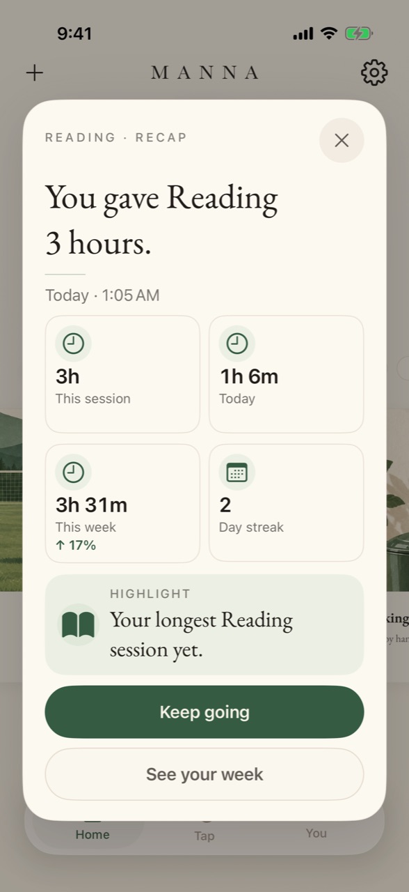 A recap card: You gave Reading 3 hours