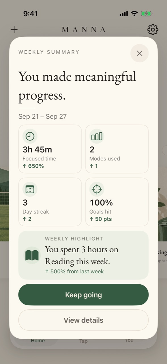 The weekly summary card with focused time, modes used and a weekly highlight