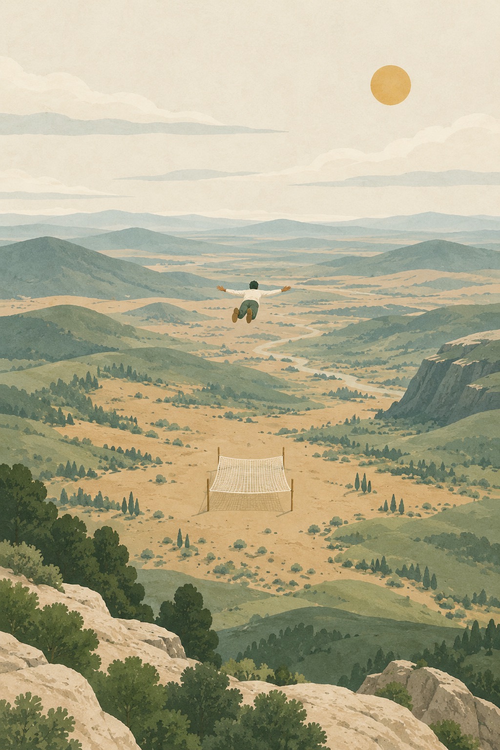 A tiny figure falling through a wide sky above a square net far below in a desert valley