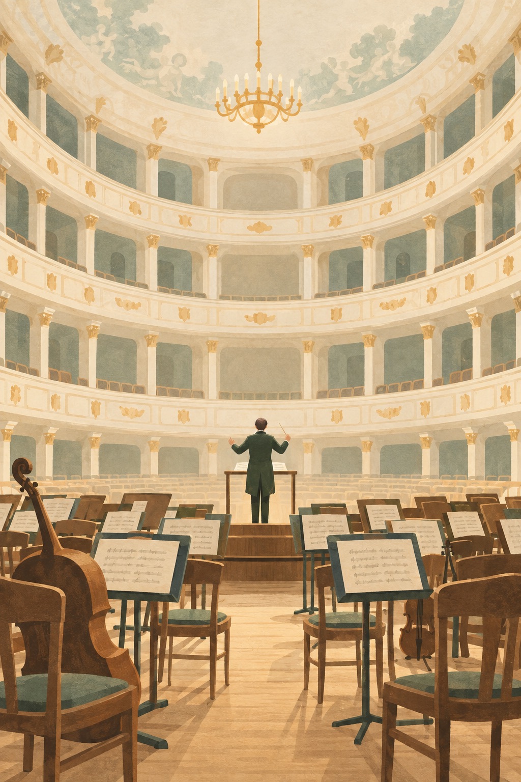 A figure on a conductor's podium seen from behind, facing a softly lit theatre