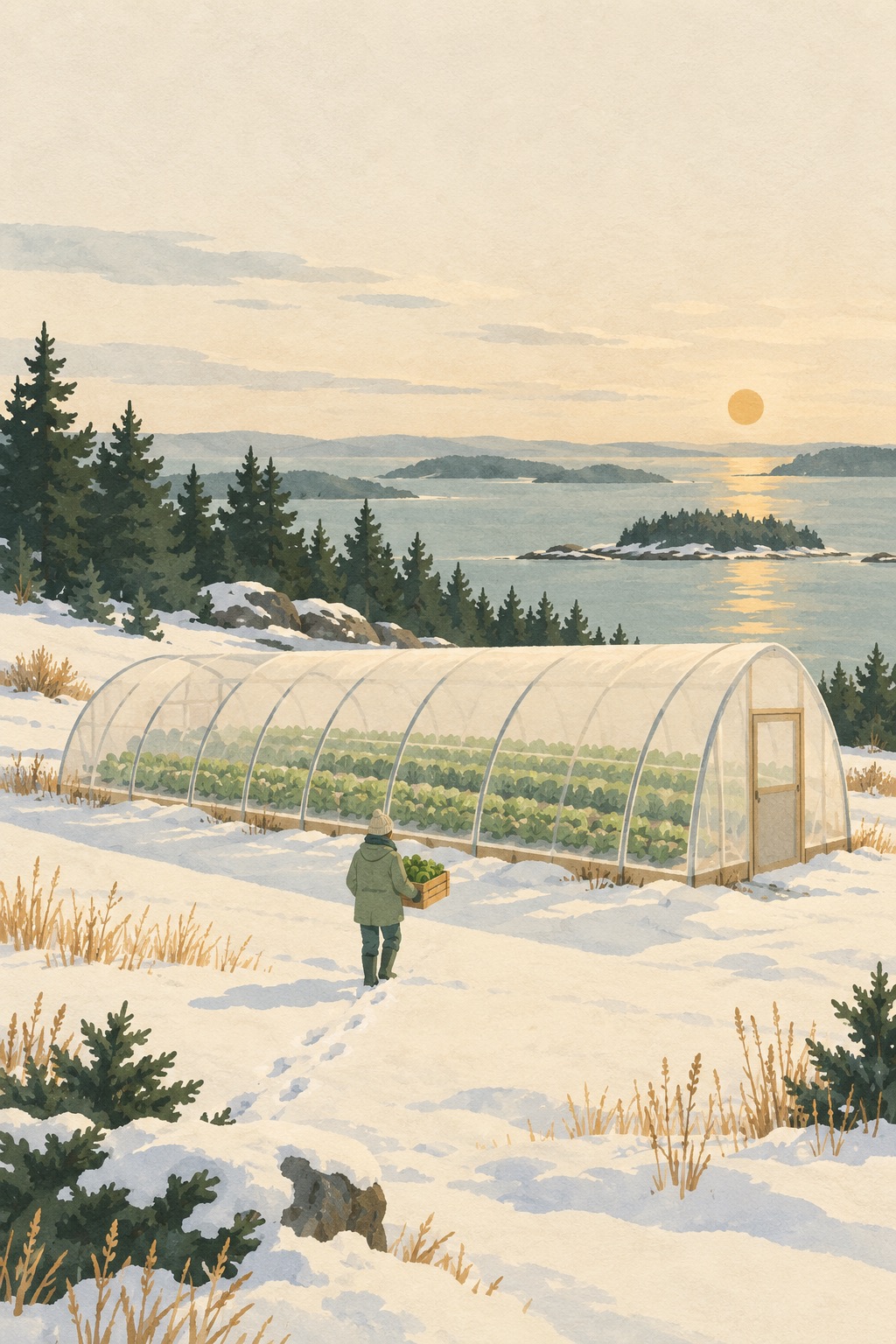 A low greenhouse full of green leaves in snowy fields by a bay, a figure carrying a wooden crate