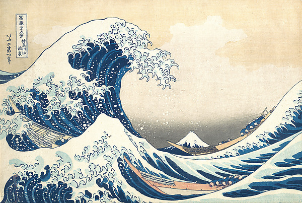 Under the Wave off Kanagawa by Katsushika Hokusai: a great wave curling over boats, Mount Fuji small beyond