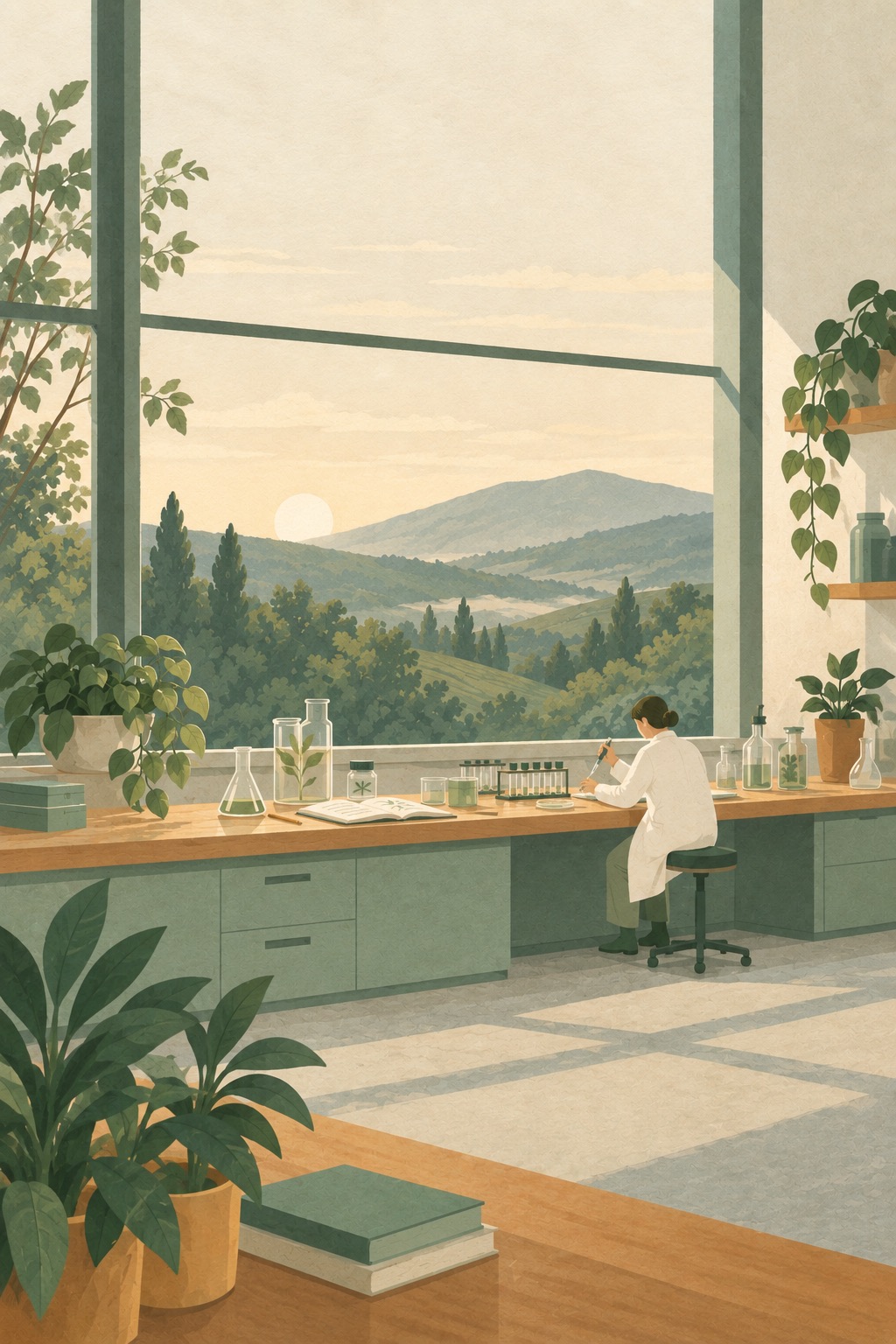 A quiet laboratory bench under a tall window at first light, a figure bent over the work