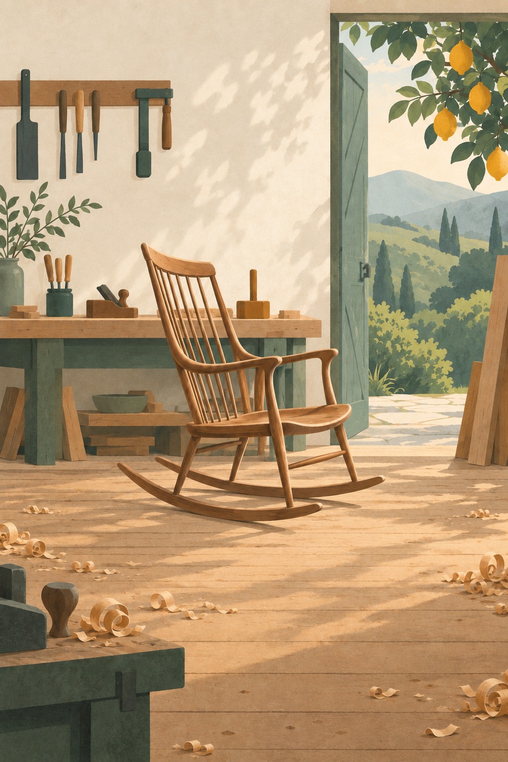 A finished wooden rocking chair in a sunlit workshop, a door open to green hills