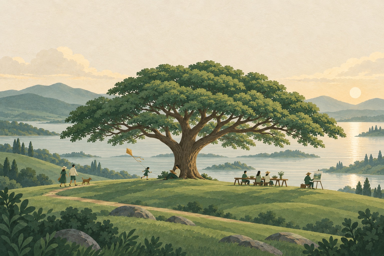 A great tree on a rise above a lake, with small figures reading, walking, painting and sharing a meal