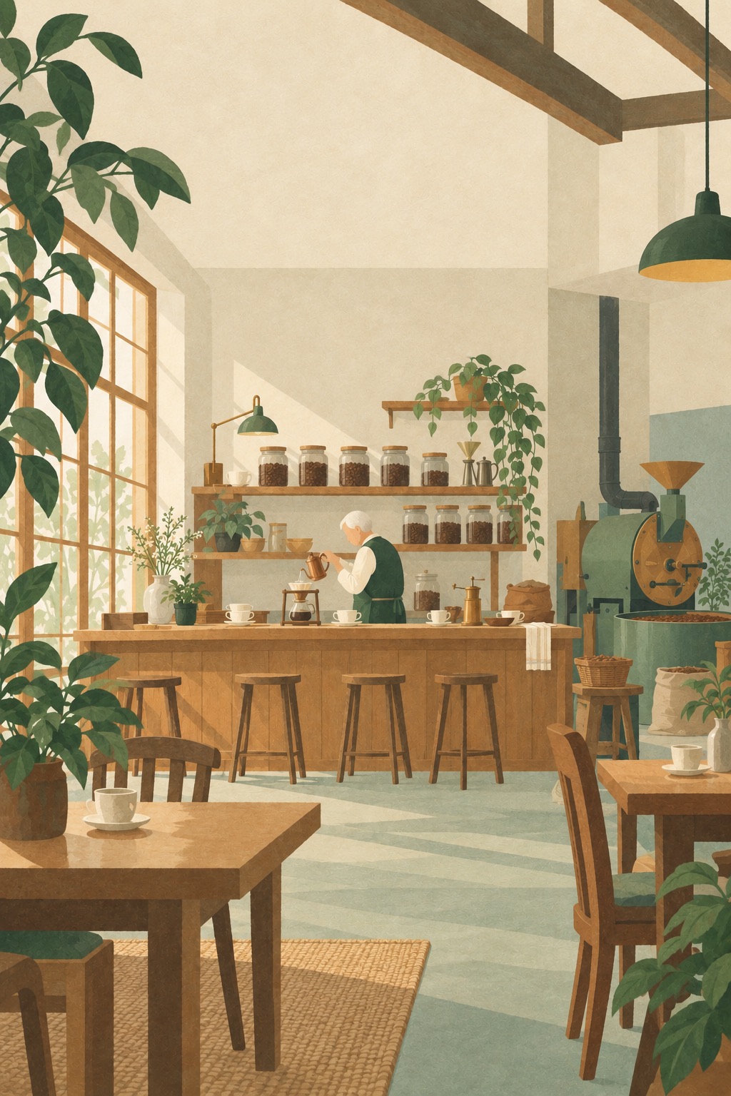 Inside a tiny coffee bar: a wooden counter, a copper kettle, a cloth filter, and a figure pouring slowly