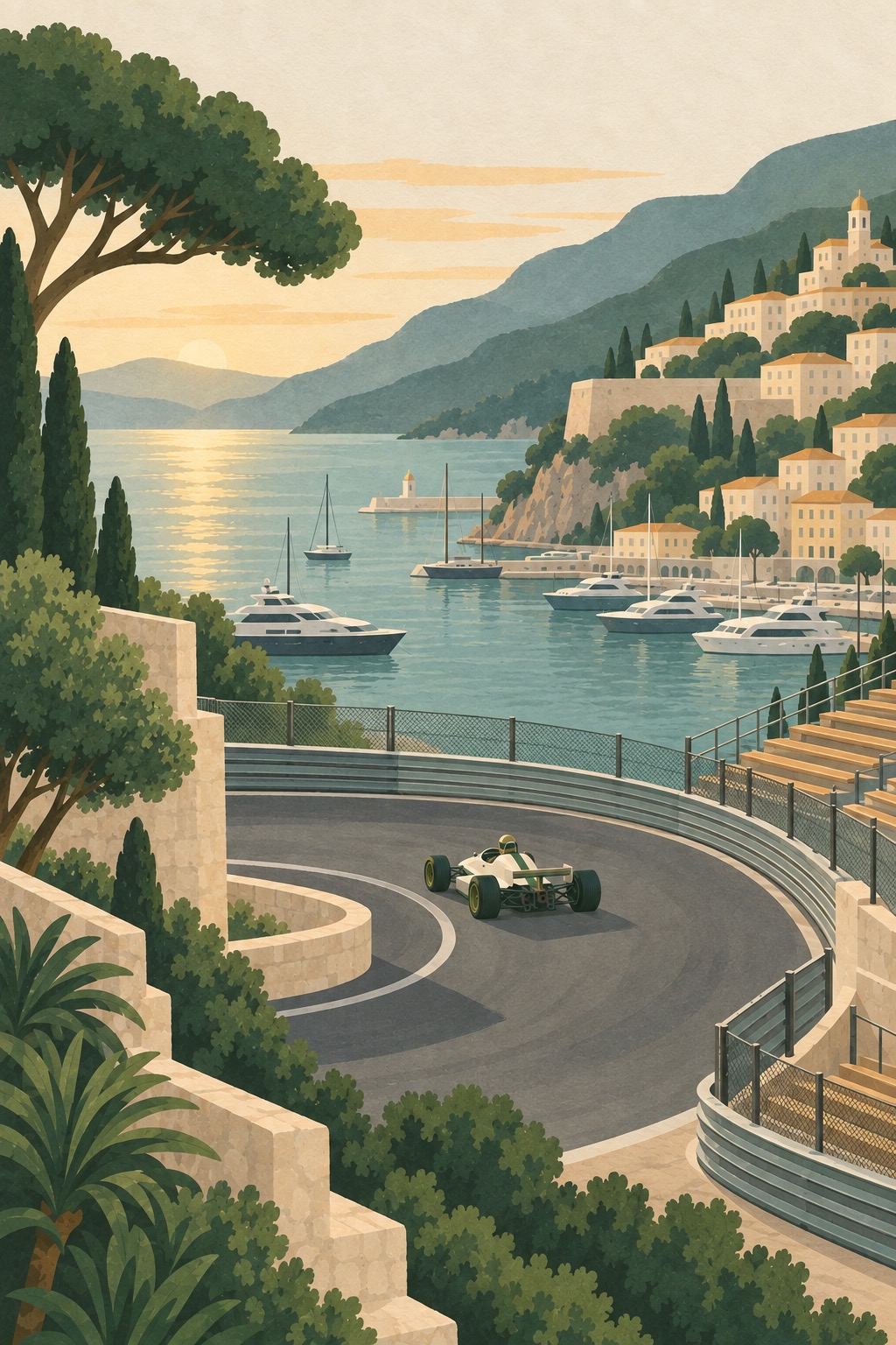 A small racing car rounding a hairpin beside a harbour town at golden hour