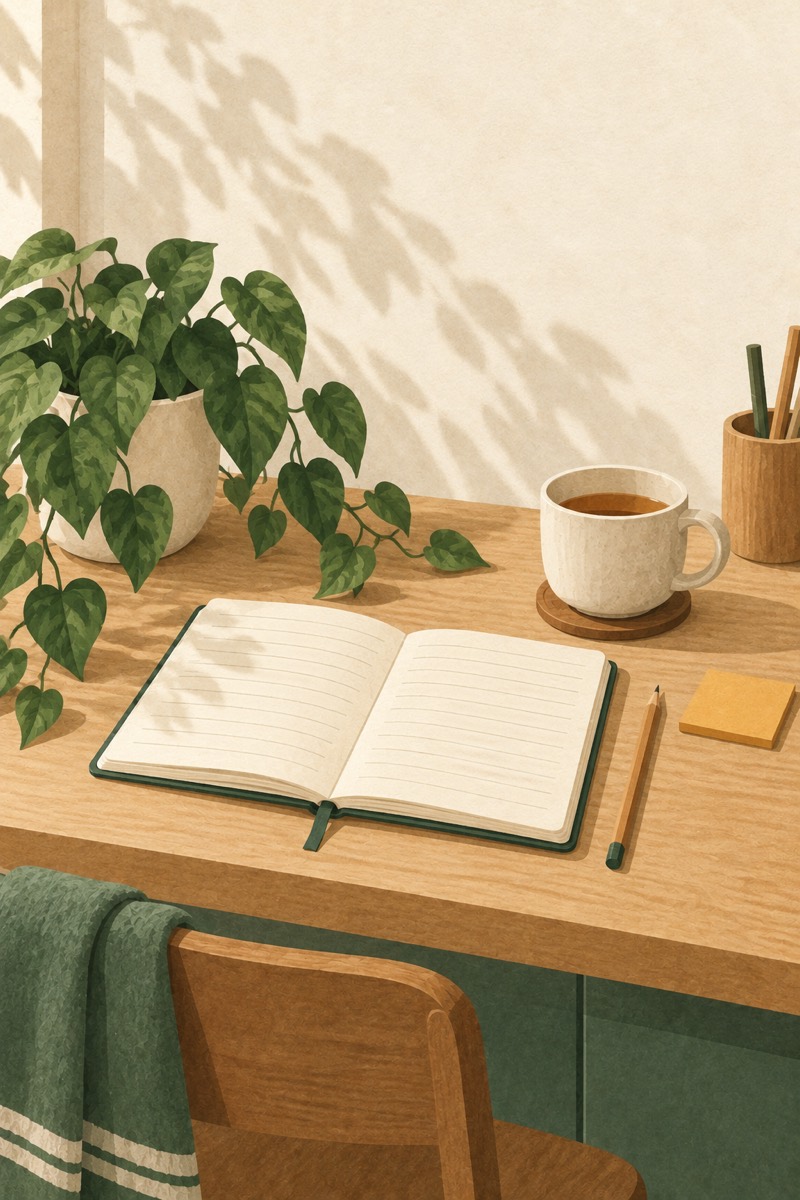 An open paper planner, a pencil and a cup of tea on a sunlit desk