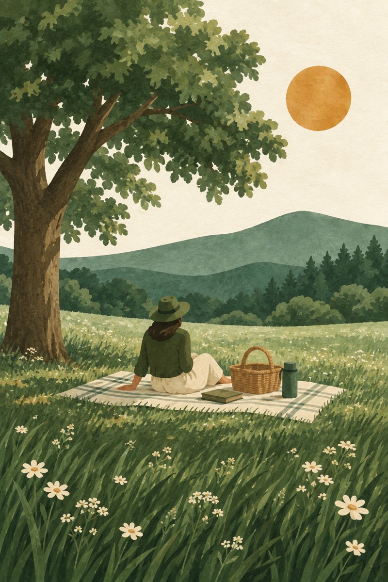 A figure on a picnic blanket under a broad tree, looking out over green hills