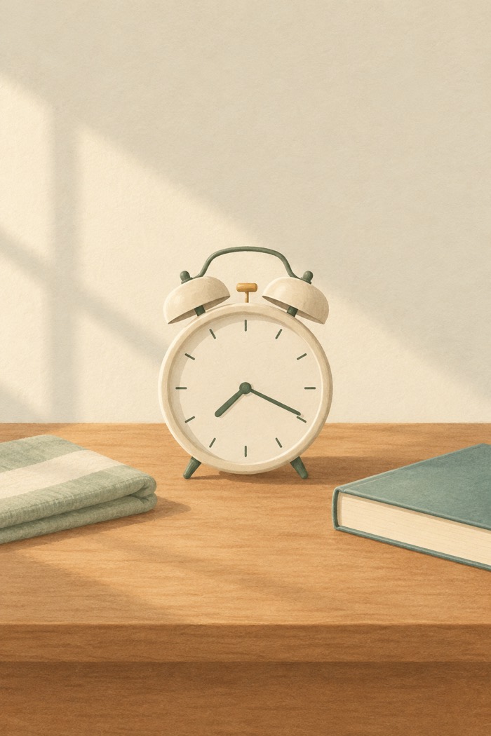 A small cream twin-bell alarm clock on a wooden bedside table