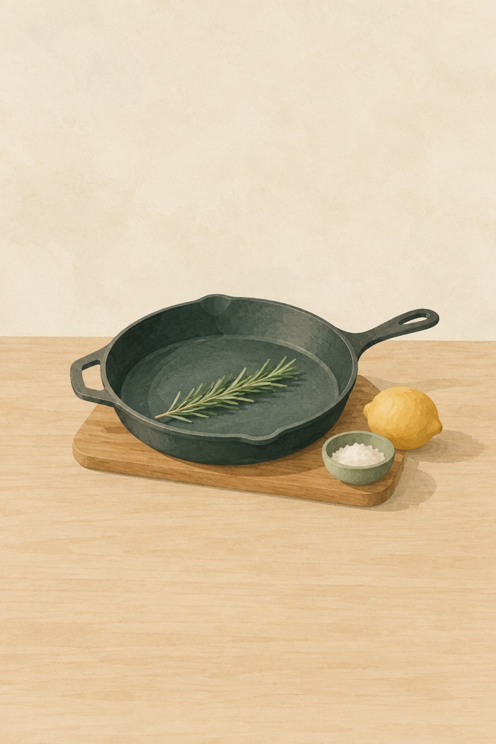 A seasoned cast-iron skillet on a board with rosemary and a lemon