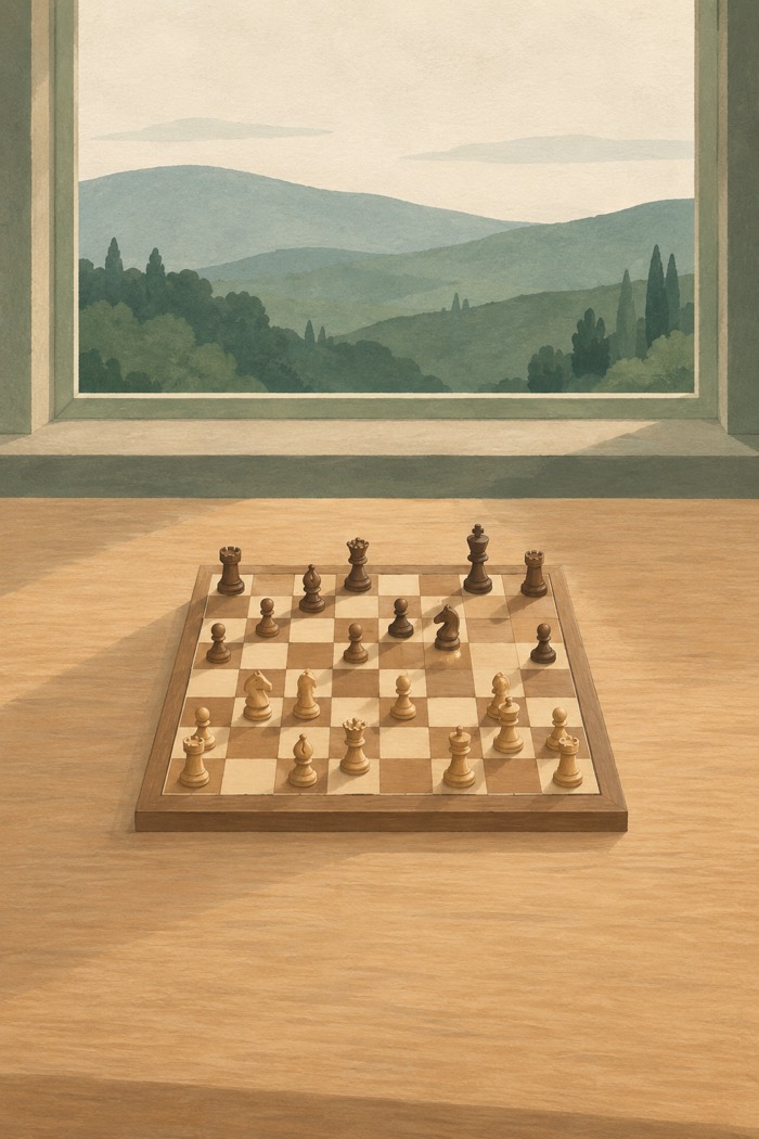 A wooden chess set mid-game on a table by a window