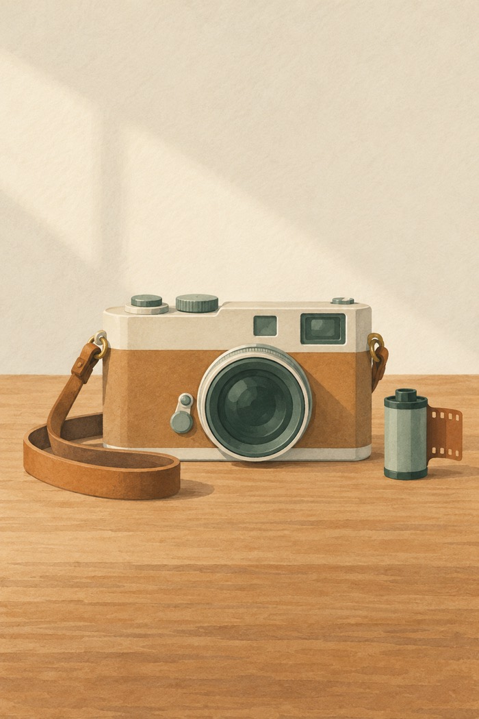 A compact cream and tan film camera beside a roll of film