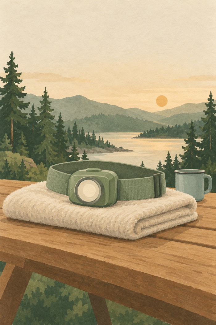 A headlamp on a folded wool blanket beside a camping mug at dusk