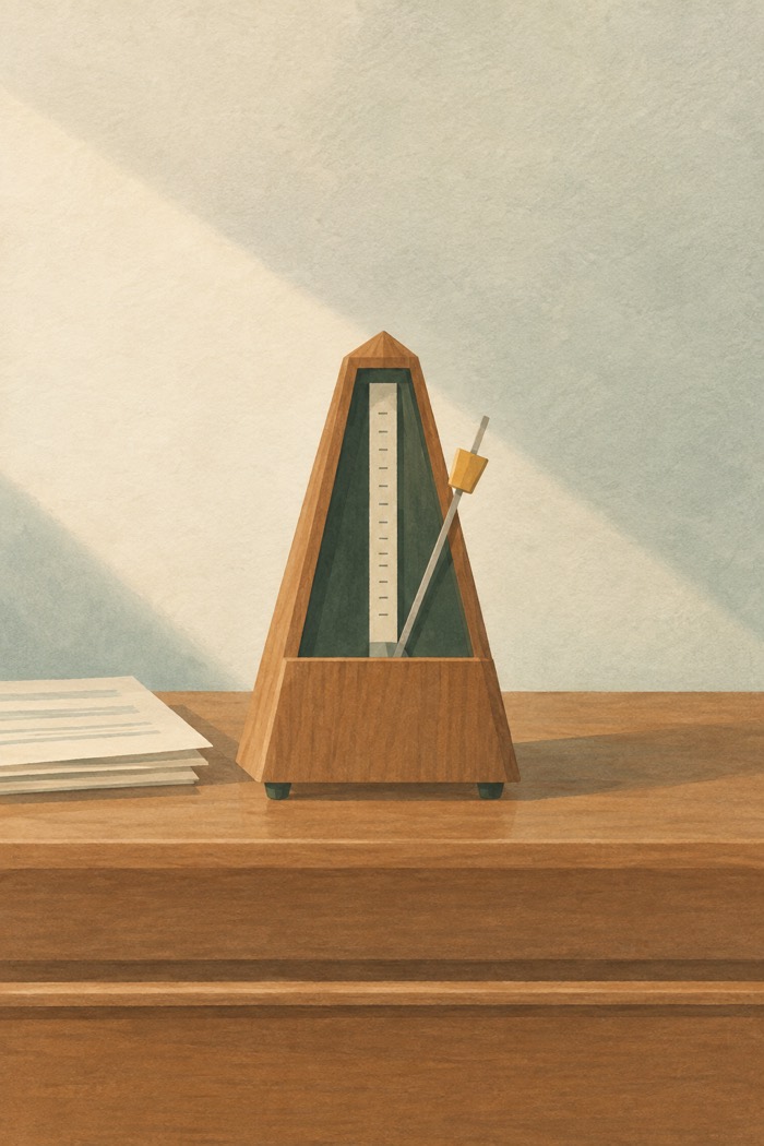 A wooden pyramid metronome beside a stack of sheet music