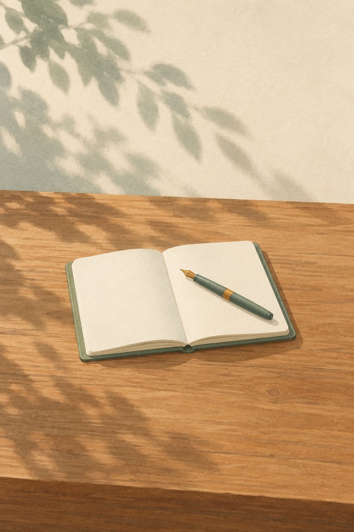 An open sage notebook with a fountain pen resting across it