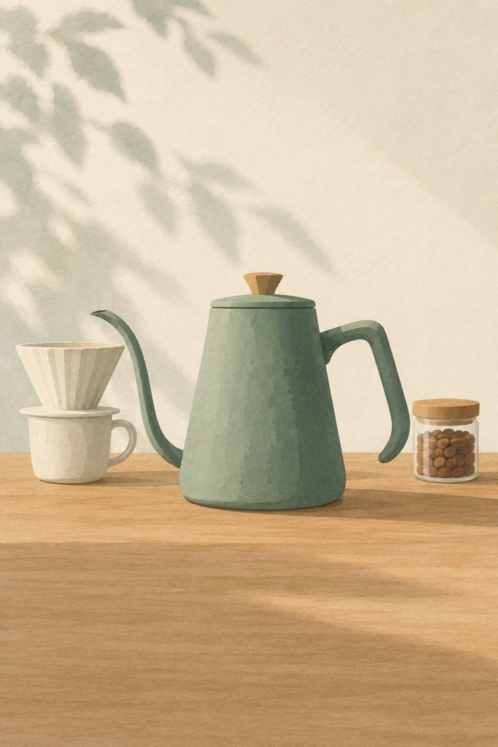A sage gooseneck kettle beside a ceramic coffee dripper